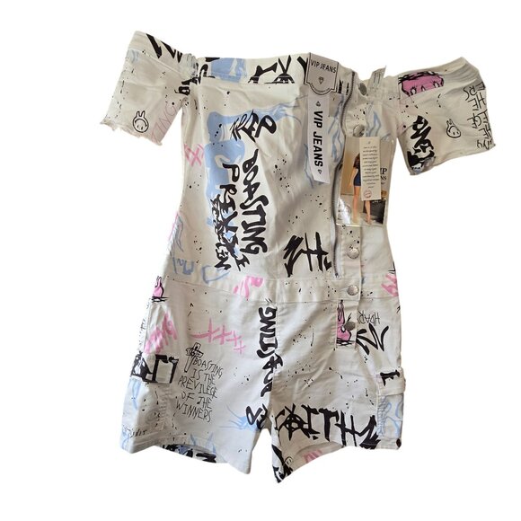 VIP Jeans Graffiti Print Romper Size 2x Women White & Multicolor Short Sleeve - Picture 3 of 12